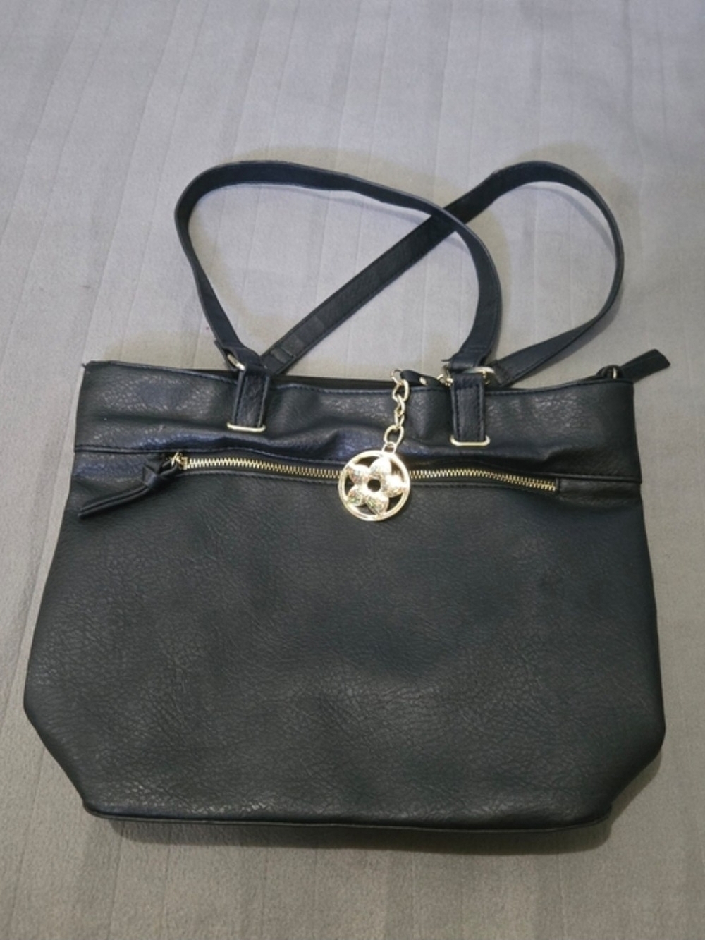 Black Faux Leather Shoulder Tote Bag Gold Charm Front Zip Pocket